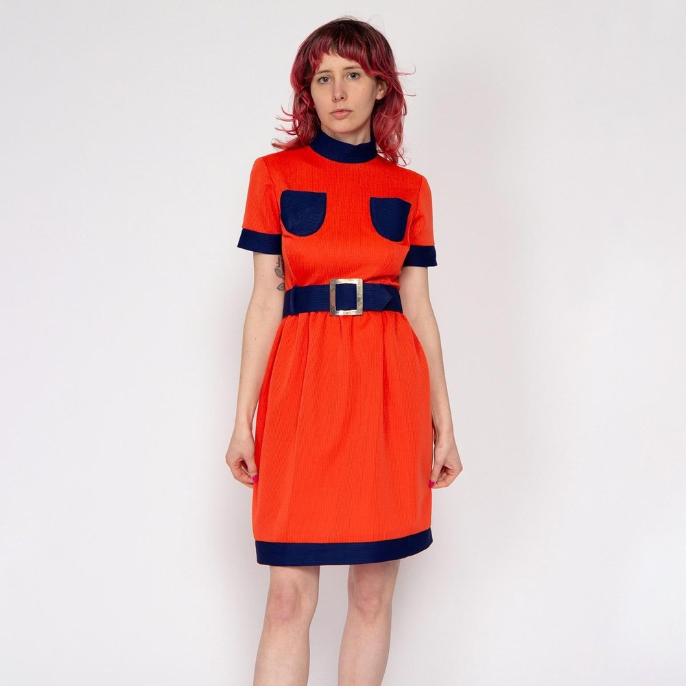 Vintage 60s Mod Space Age Color Block Belted Mini Dress - Extra Small
